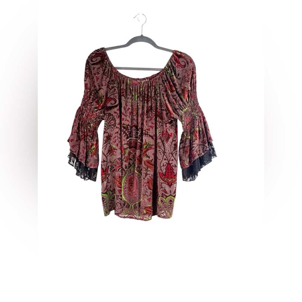 Marrika Nakk Velvet Details Lace Trim Bell Sleeves Peasant Boho Top One Size